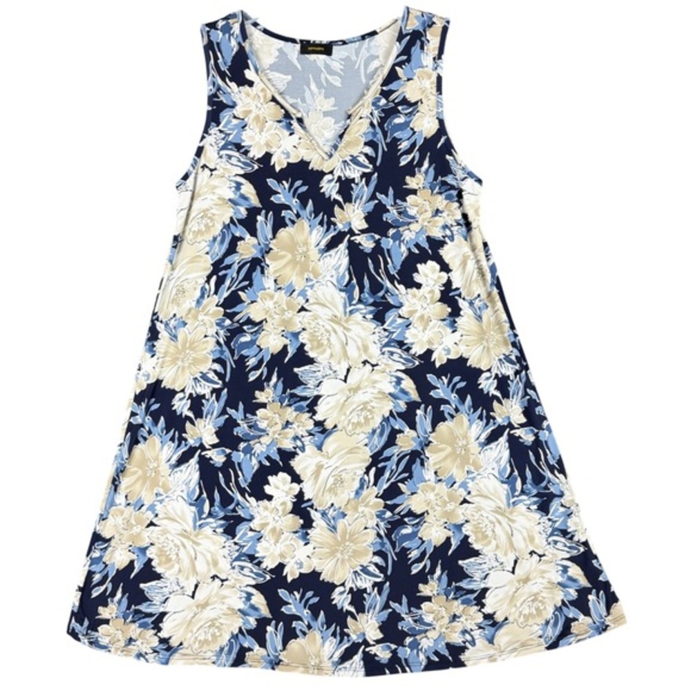 Espresso Womens Large Navy Blue Floral Sleeveless V-Neck A-Line‎ Knit Dress